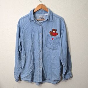 Vintage Andrew Jeans Womens Large Teddy Bear Denim Button Up Shirt